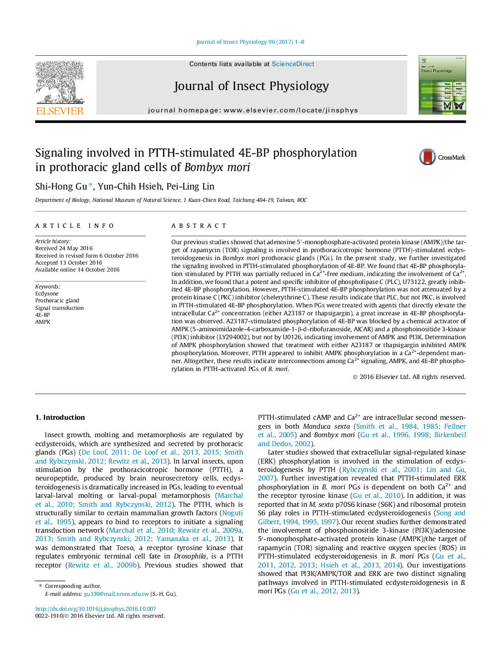 Signaling involved in PTTH-stimulated 4E-BP phosphorylation in prothoracic gland cells of Bombyx mori