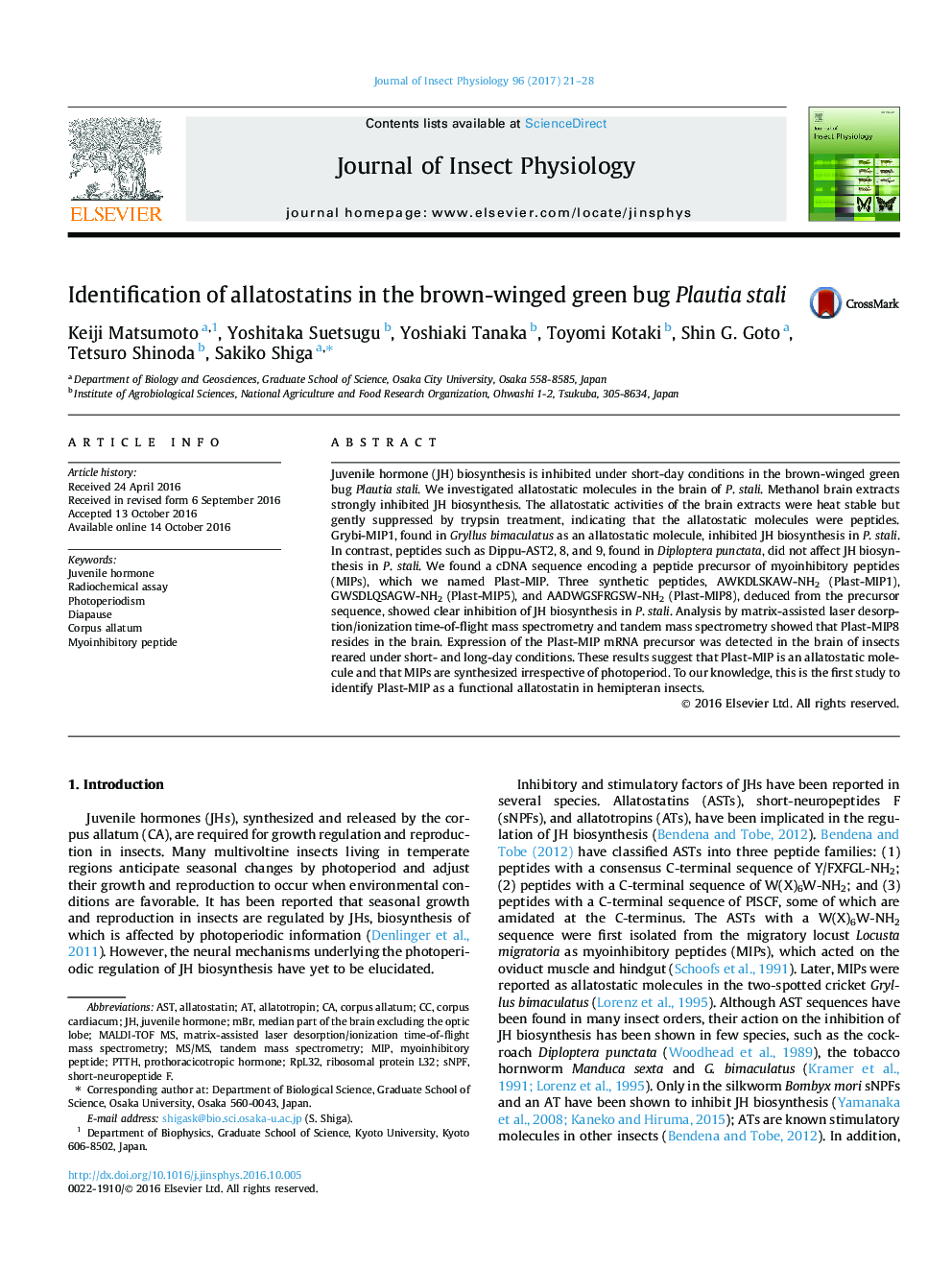 Identification of allatostatins in the brown-winged green bug Plautia stali