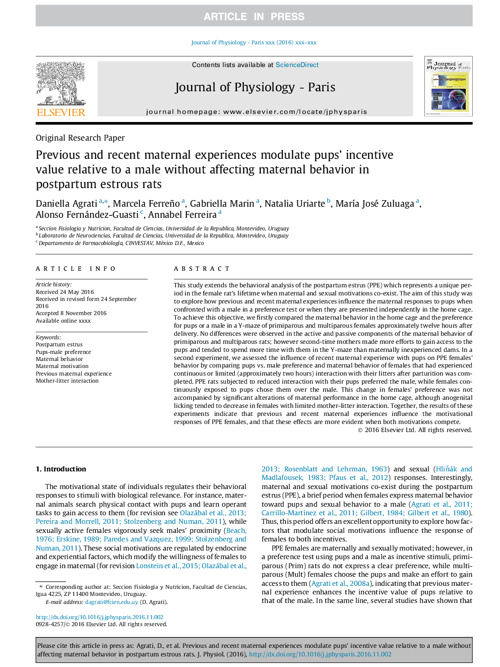 Previous and recent maternal experiences modulate pups' incentive value relative to a male without affecting maternal behavior in postpartum estrous rats