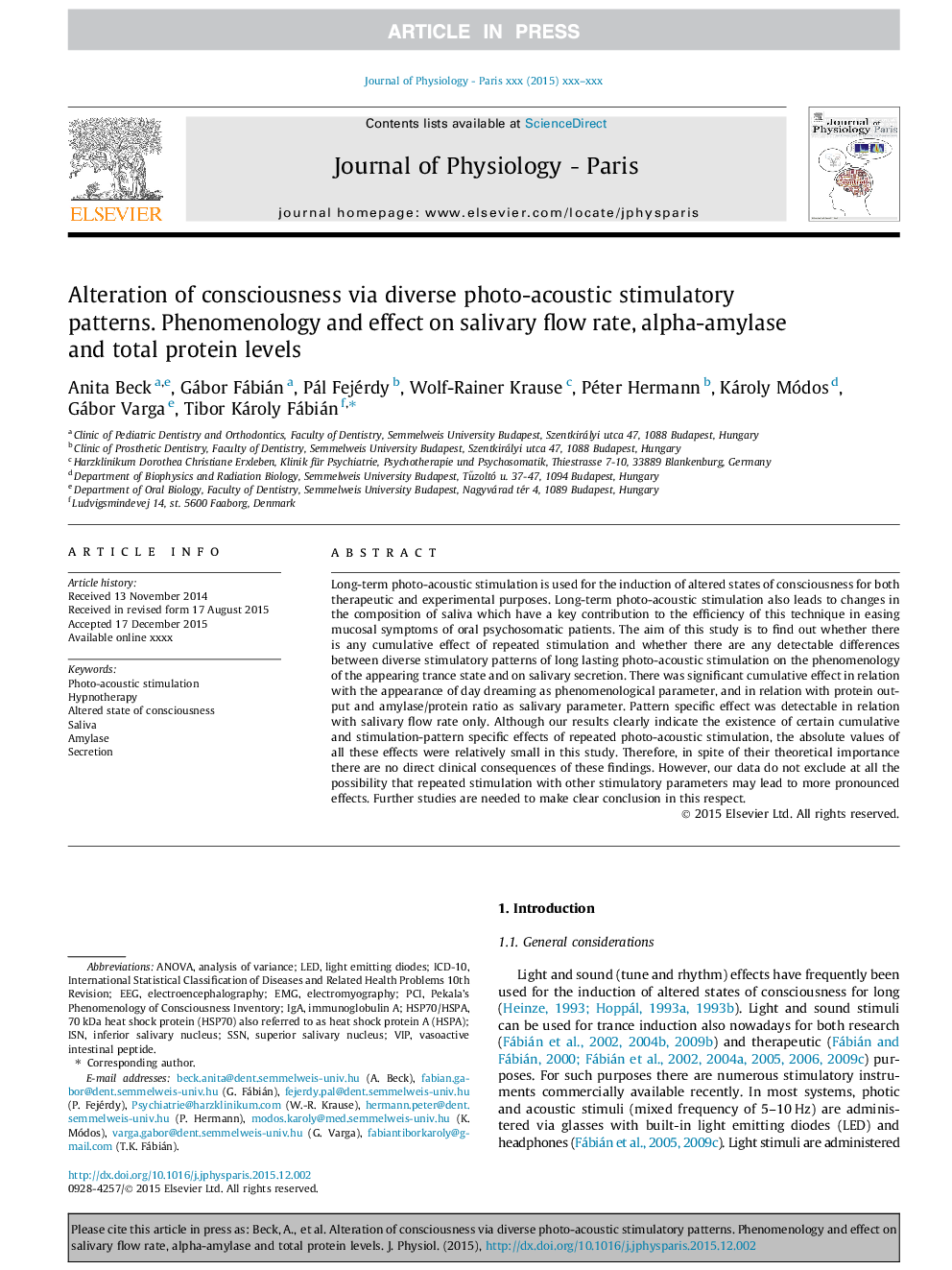 Alteration of consciousness via diverse photo-acoustic stimulatory patterns. Phenomenology and effect on salivary flow rate, alpha-amylase and total protein levels