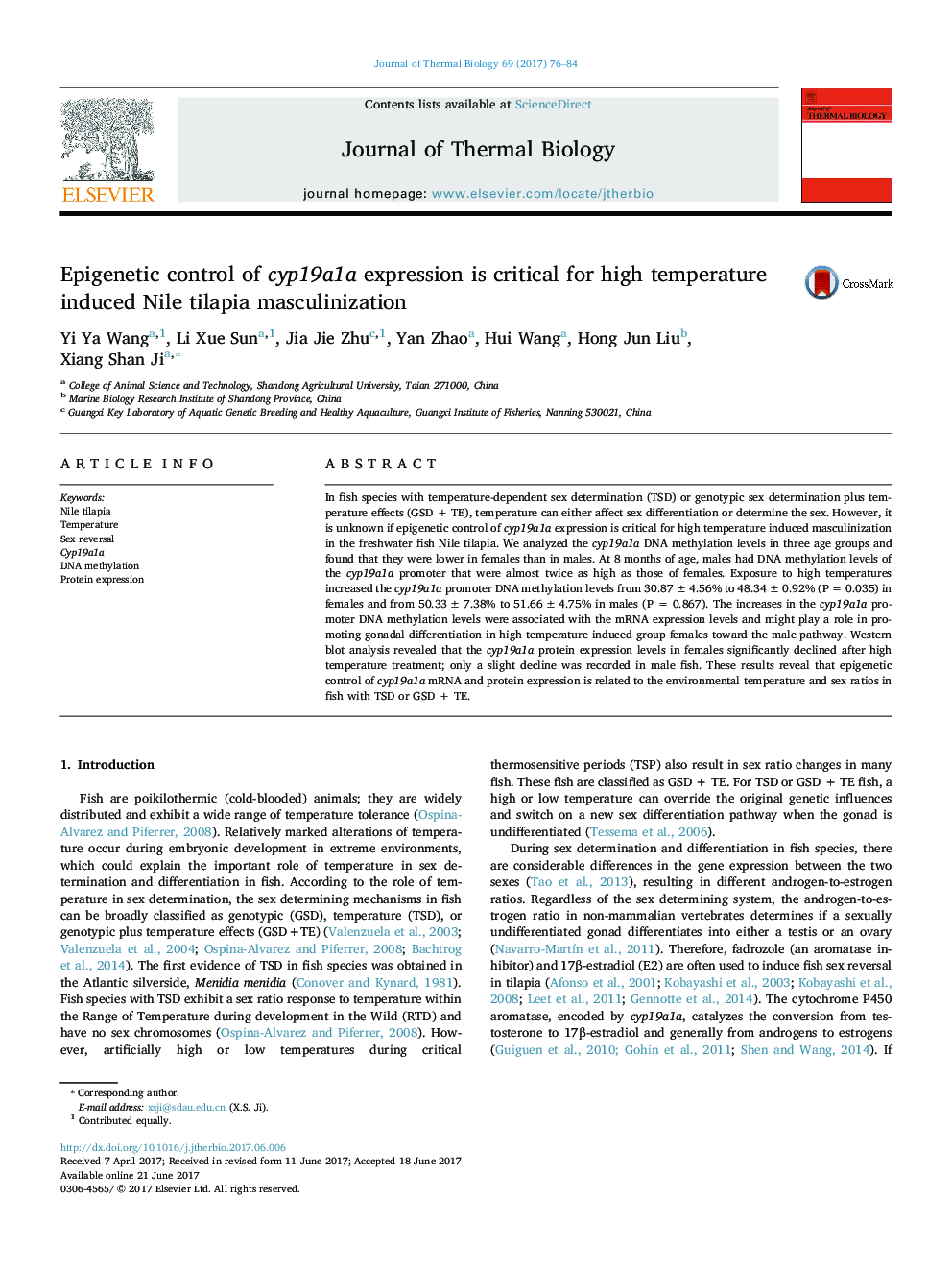 Epigenetic control of cyp19a1a expression is critical for high temperature induced Nile tilapia masculinization