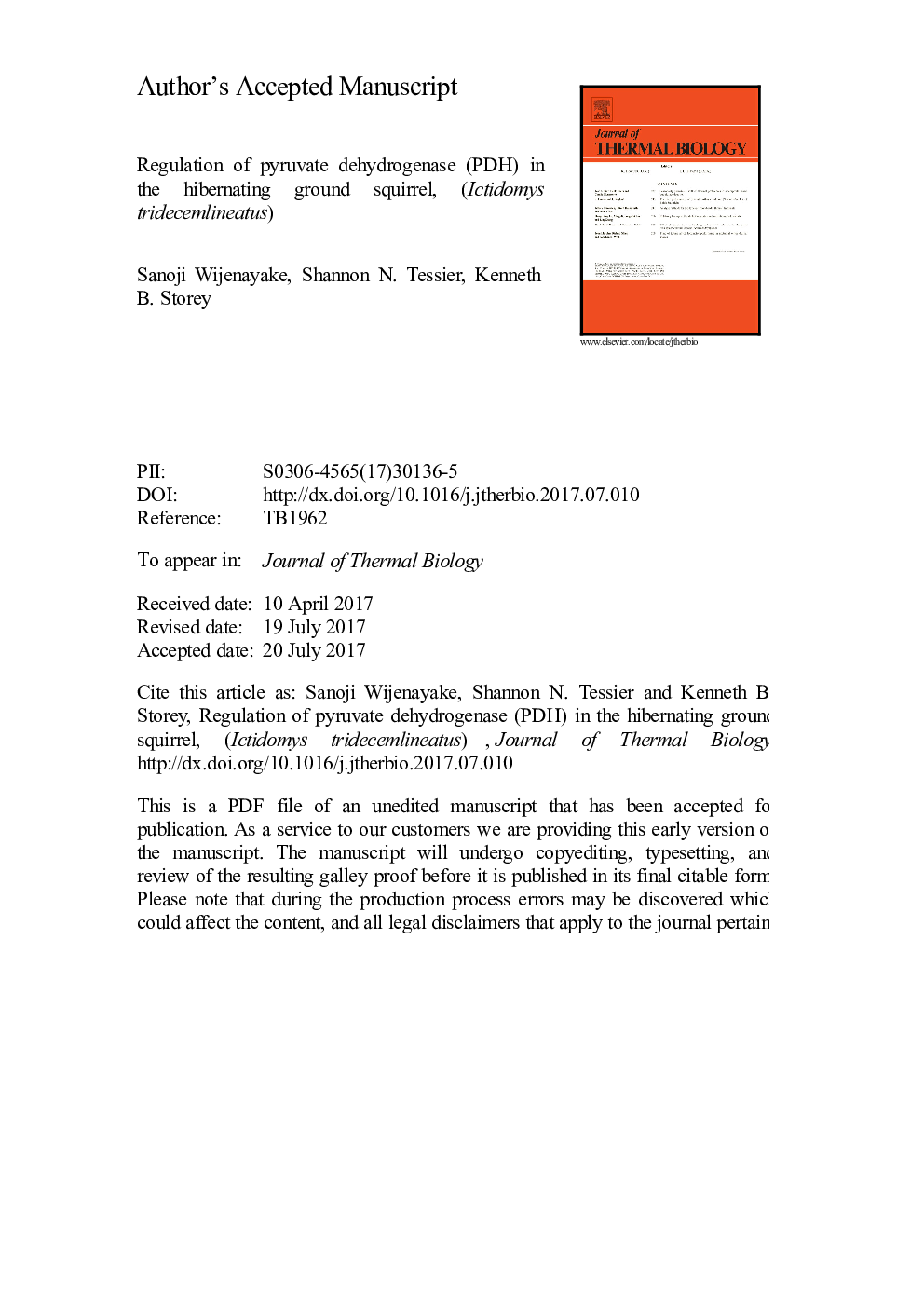 Regulation of pyruvate dehydrogenase (PDH) in the hibernating ground squirrel, (Ictidomys tridecemlineatus)