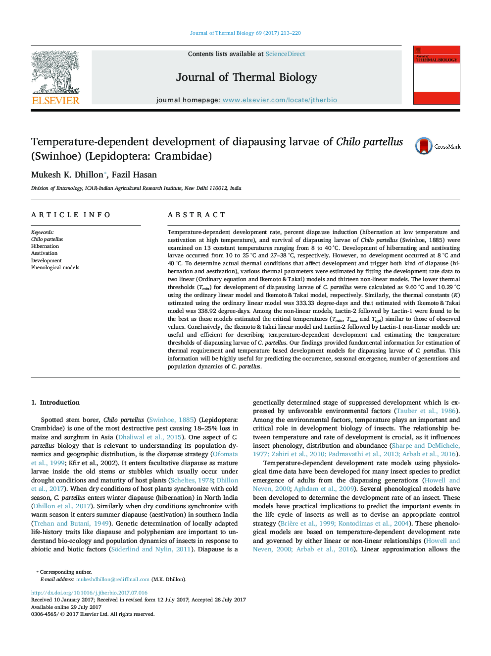 Temperature-dependent development of diapausing larvae of Chilo partellus (Swinhoe) (Lepidoptera: Crambidae)