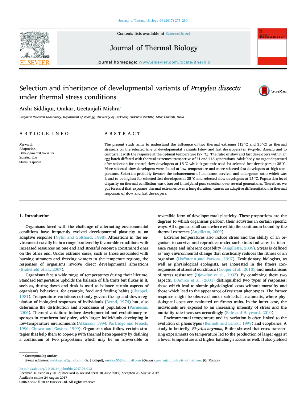 Selection and inheritance of developmental variants of Propylea dissecta under thermal stress conditions