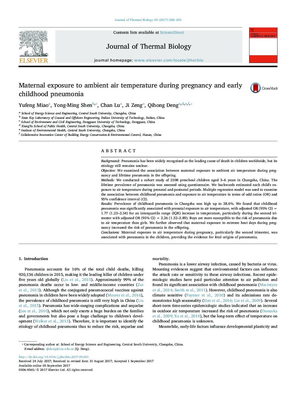 Maternal exposure to ambient air temperature during pregnancy and early childhood pneumonia