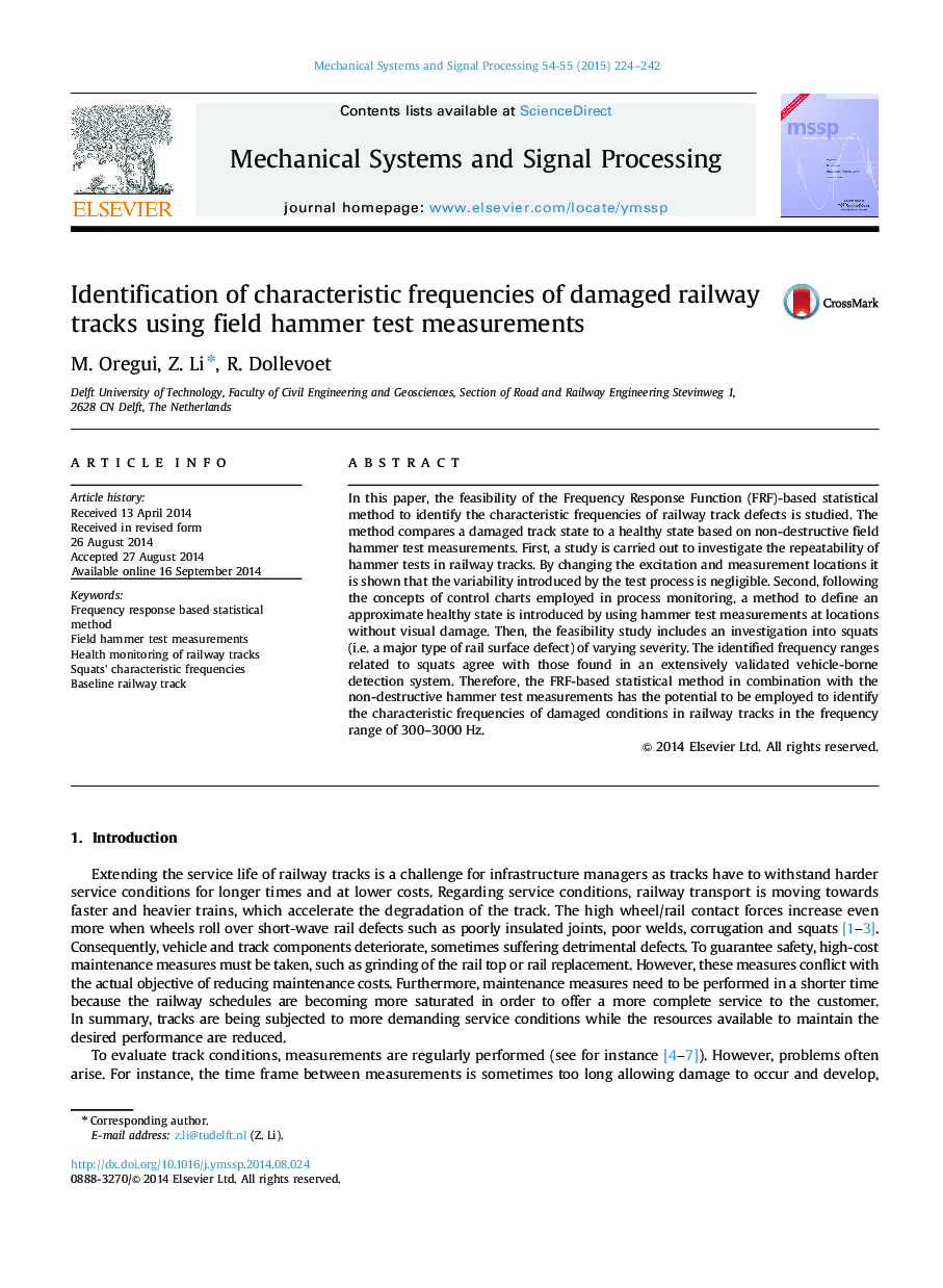 Identification of characteristic frequencies of damaged railway tracks using field hammer test measurements