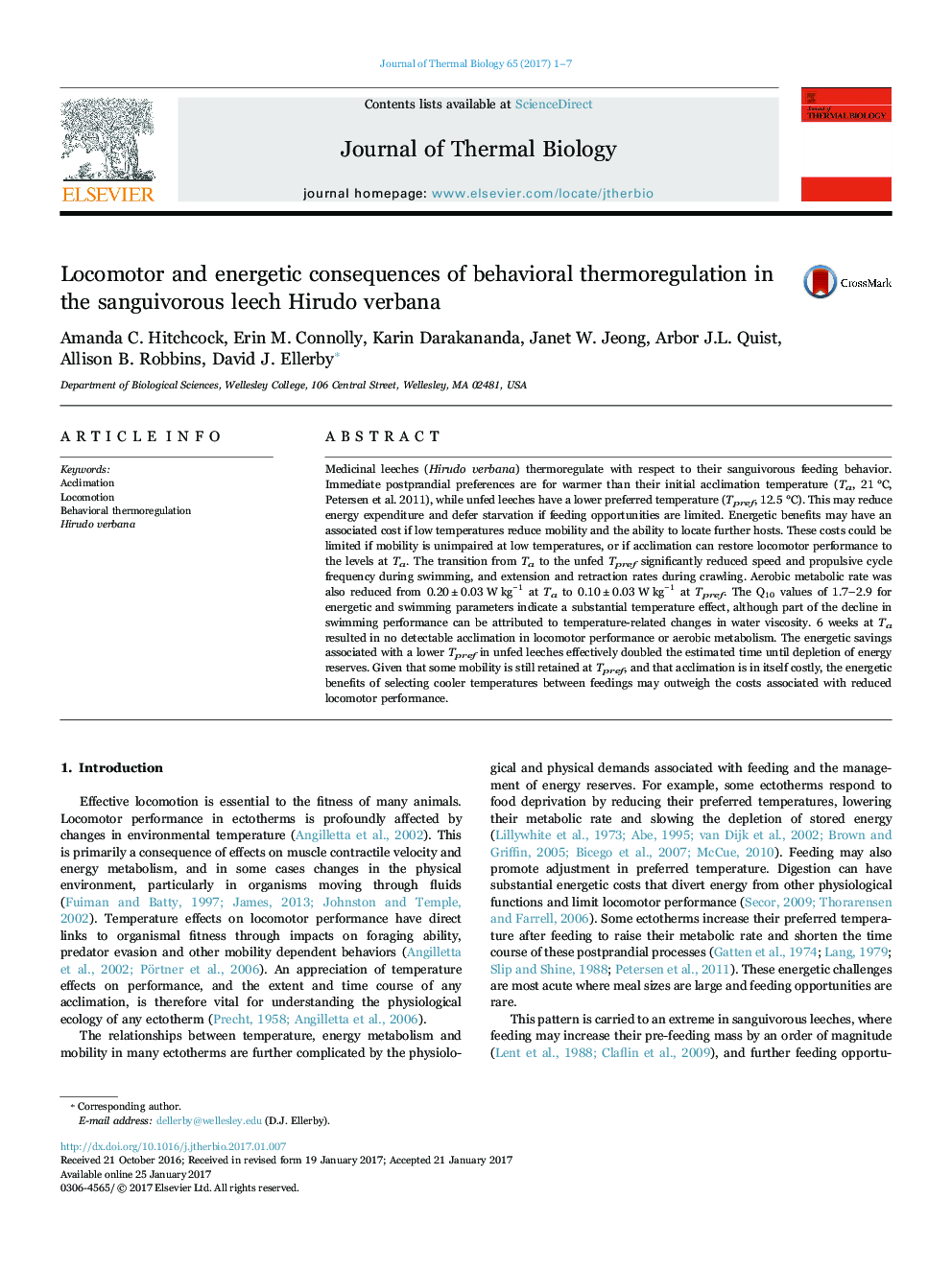 Locomotor and energetic consequences of behavioral thermoregulation in the sanguivorous leech Hirudo verbana