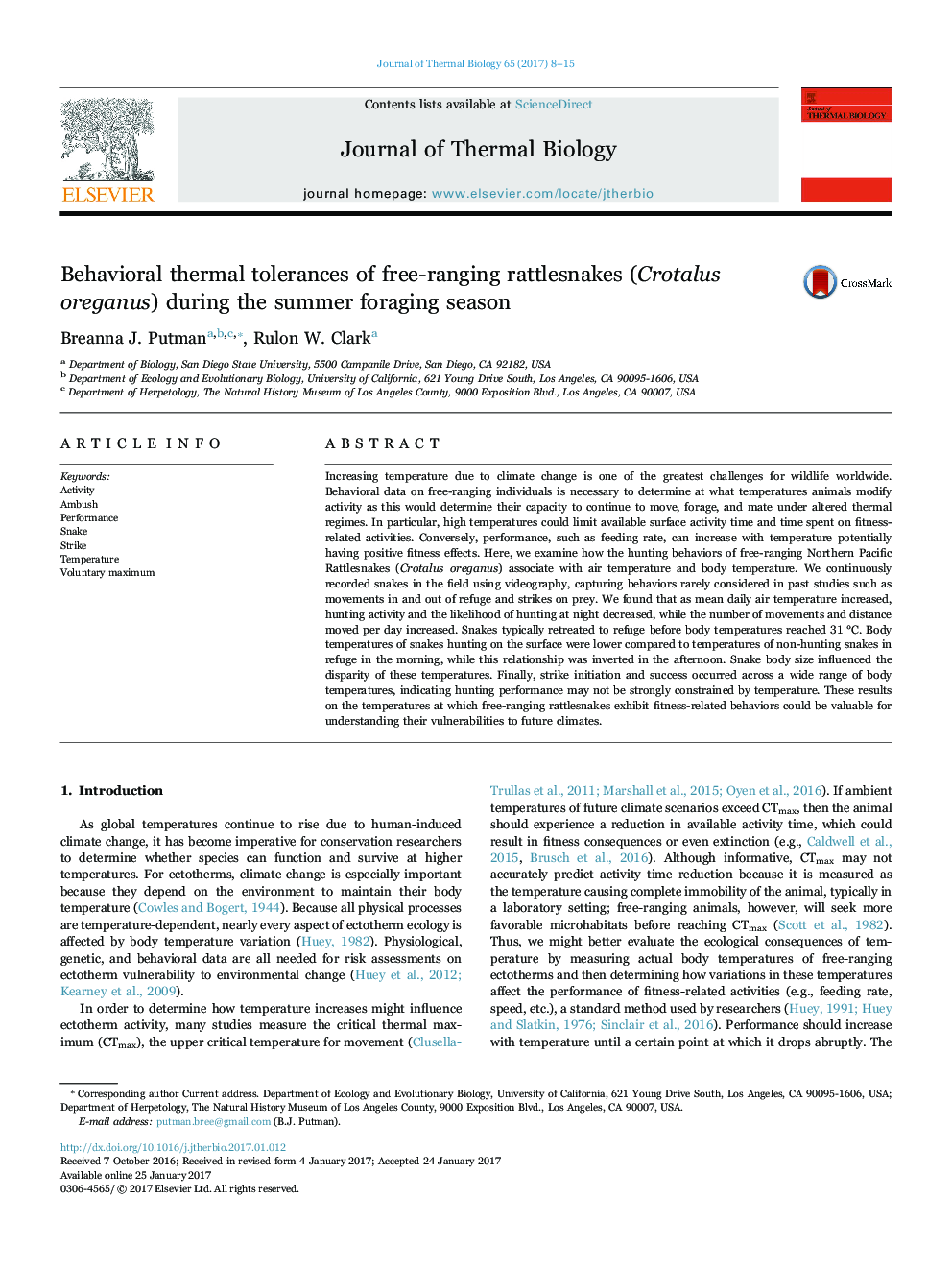 Behavioral thermal tolerances of free-ranging rattlesnakes (Crotalus oreganus) during the summer foraging season