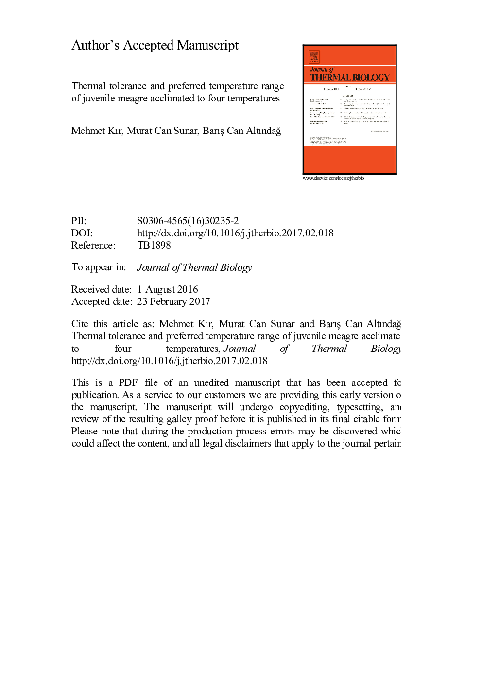 Thermal tolerance and preferred temperature range of juvenile meagre acclimated to four temperatures