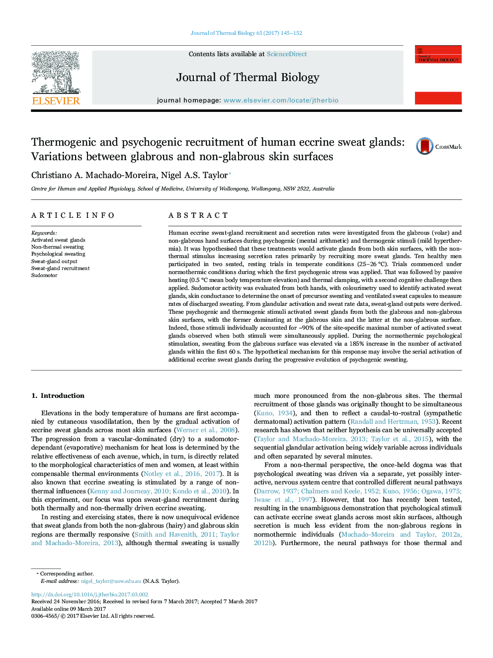 Thermogenic and psychogenic recruitment of human eccrine sweat glands: Variations between glabrous and non-glabrous skin surfaces