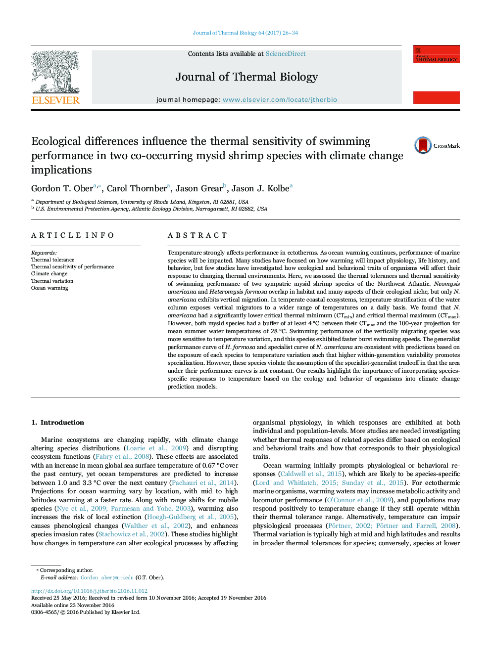 Ecological differences influence the thermal sensitivity of swimming performance in two co-occurring mysid shrimp species with climate change implications