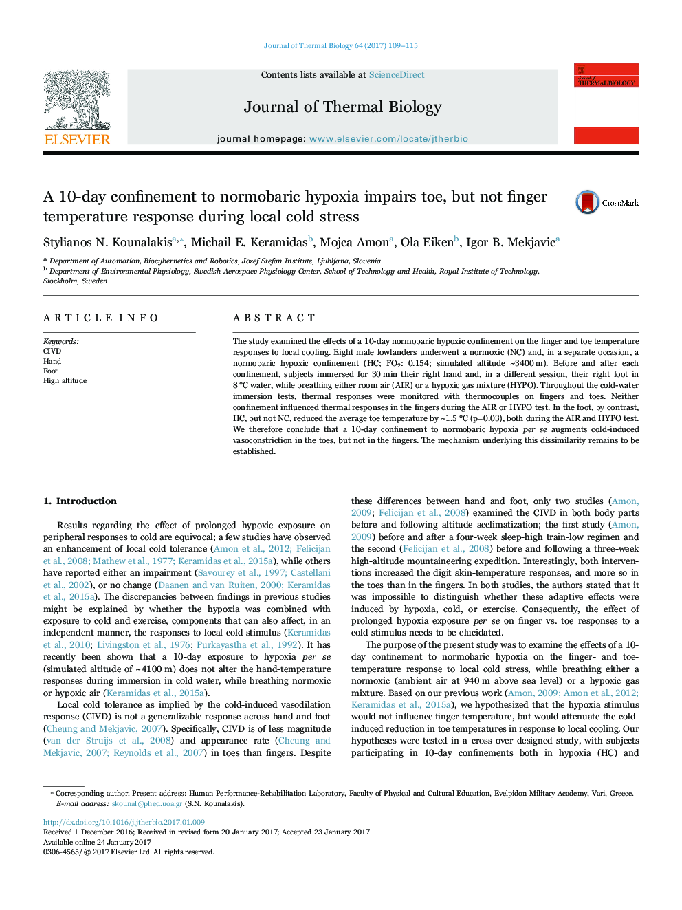 A 10-day confinement to normobaric hypoxia impairs toe, but not finger temperature response during local cold stress