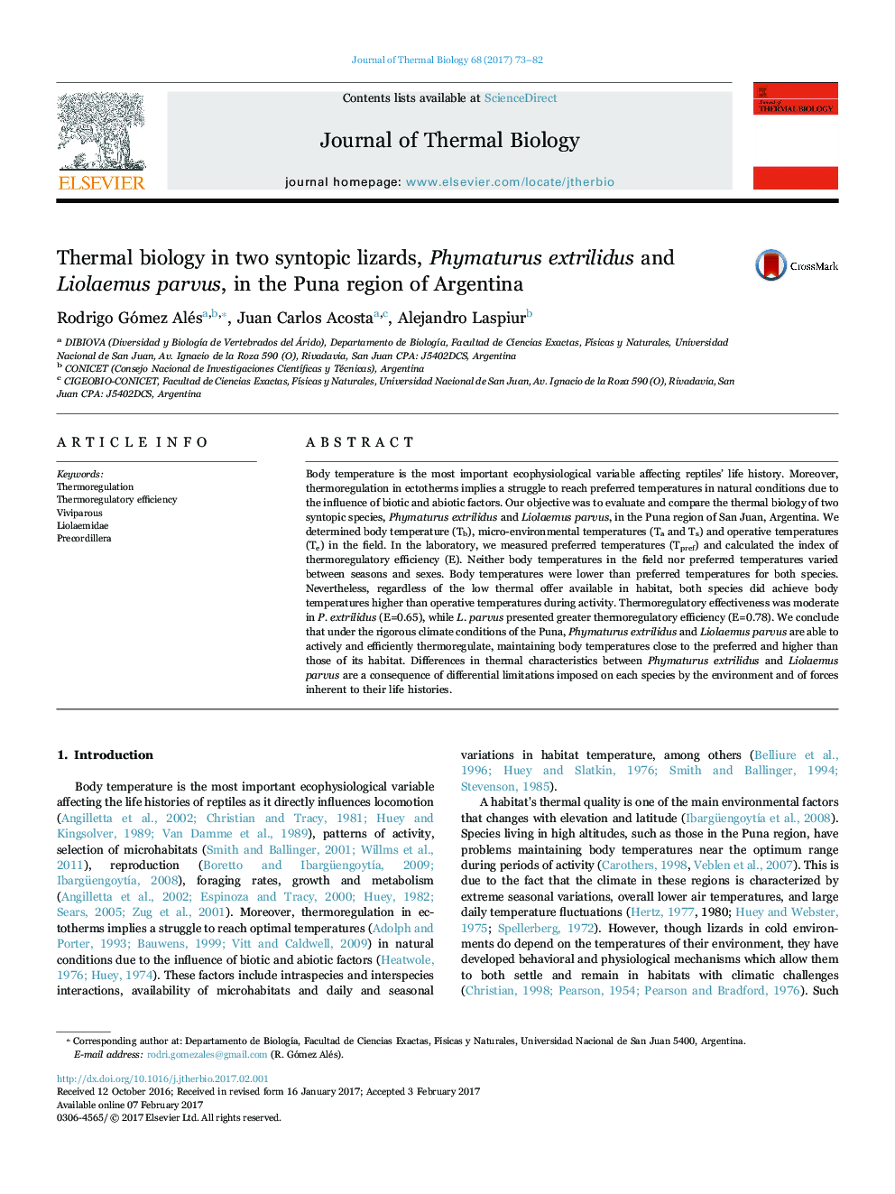 Thermal biology in two syntopic lizards, Phymaturus extrilidus and Liolaemus parvus, in the Puna region of Argentina