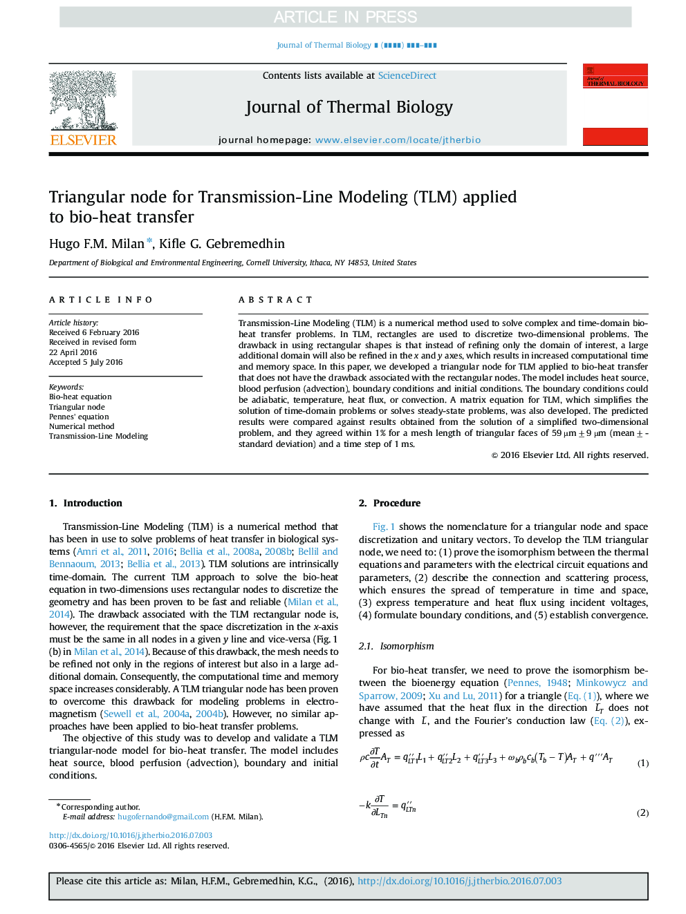 Triangular node for Transmission-Line Modeling (TLM) applied to bio-heat transfer