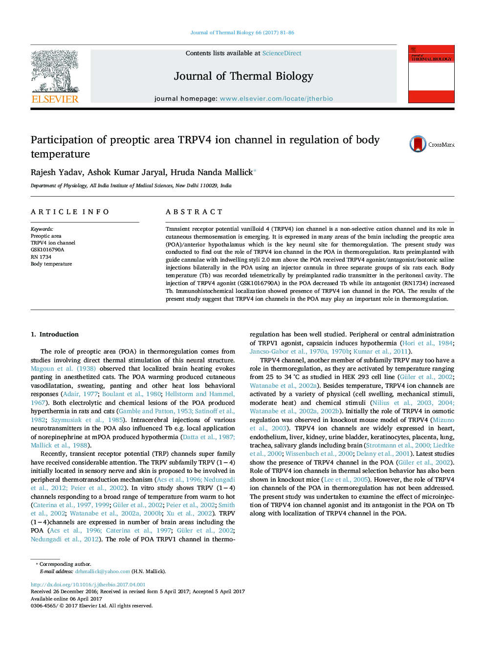 Participation of preoptic area TRPV4 ion channel in regulation of body temperature