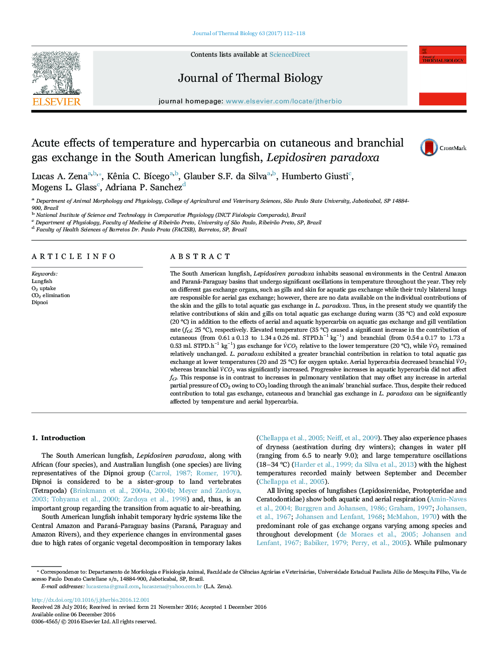 Acute effects of temperature and hypercarbia on cutaneous and branchial gas exchange in the South American lungfish, Lepidosiren paradoxa