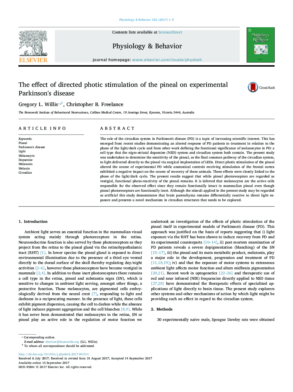 The effect of directed photic stimulation of the pineal on experimental Parkinson's disease