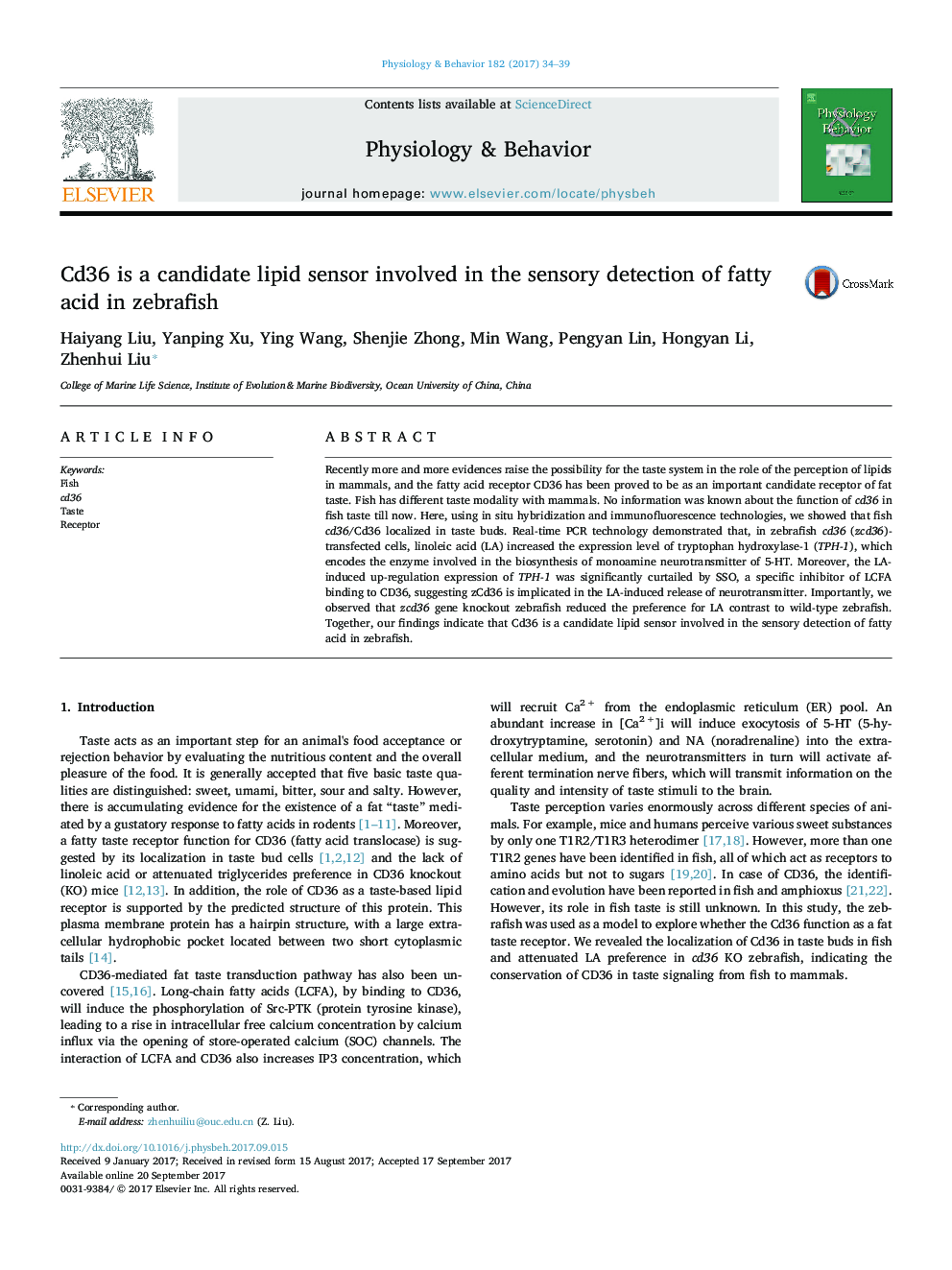 Cd36 is a candidate lipid sensor involved in the sensory detection of fatty acid in zebrafish