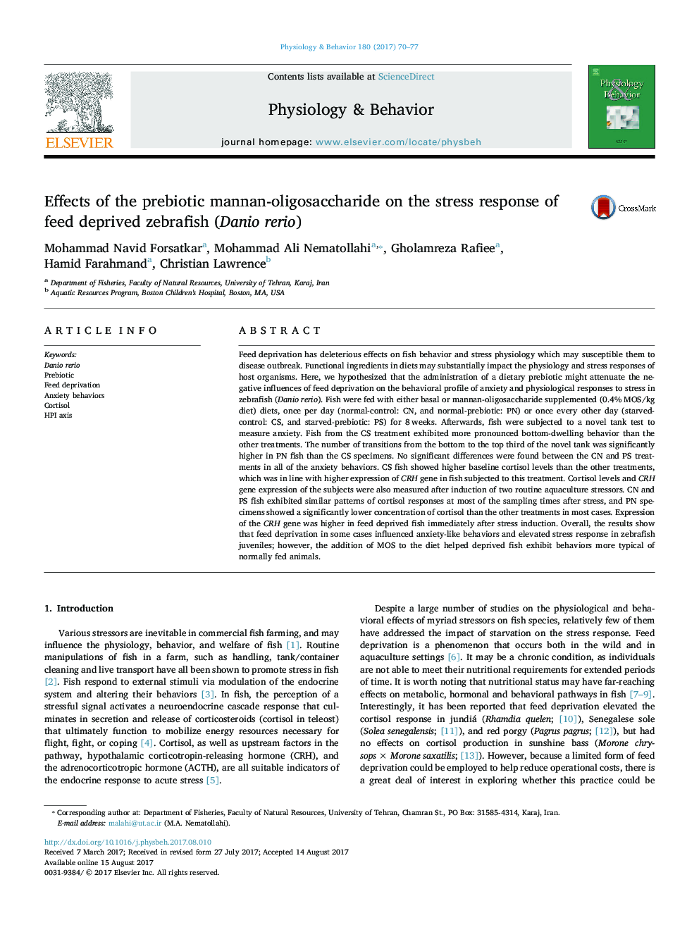 Effects of the prebiotic mannan-oligosaccharide on the stress response of feed deprived zebrafish (Danio rerio)