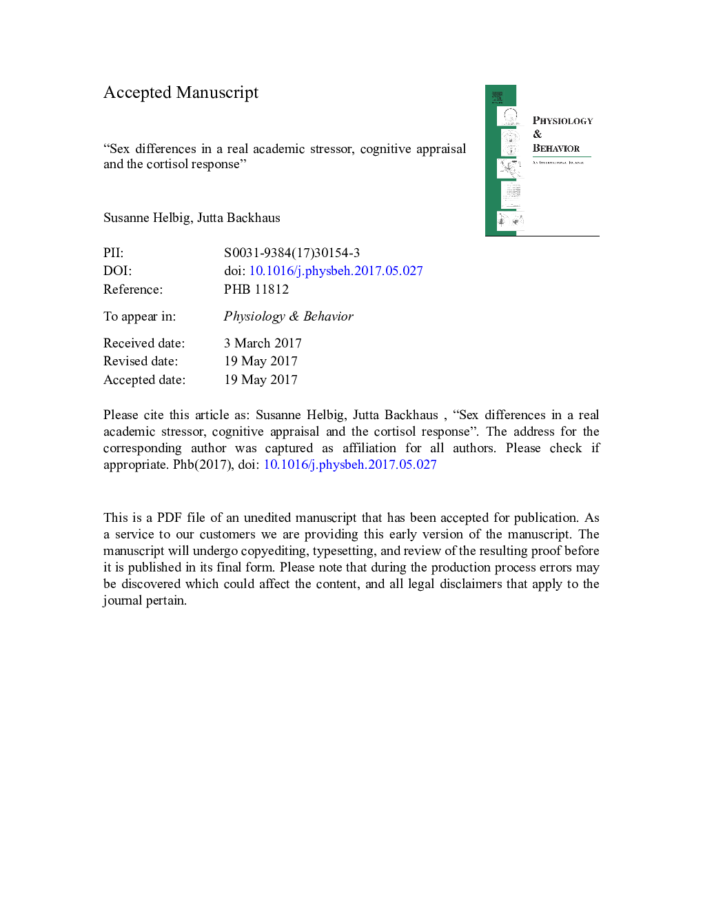 “Sex differences in a real academic stressor, cognitive appraisal and the cortisol response”