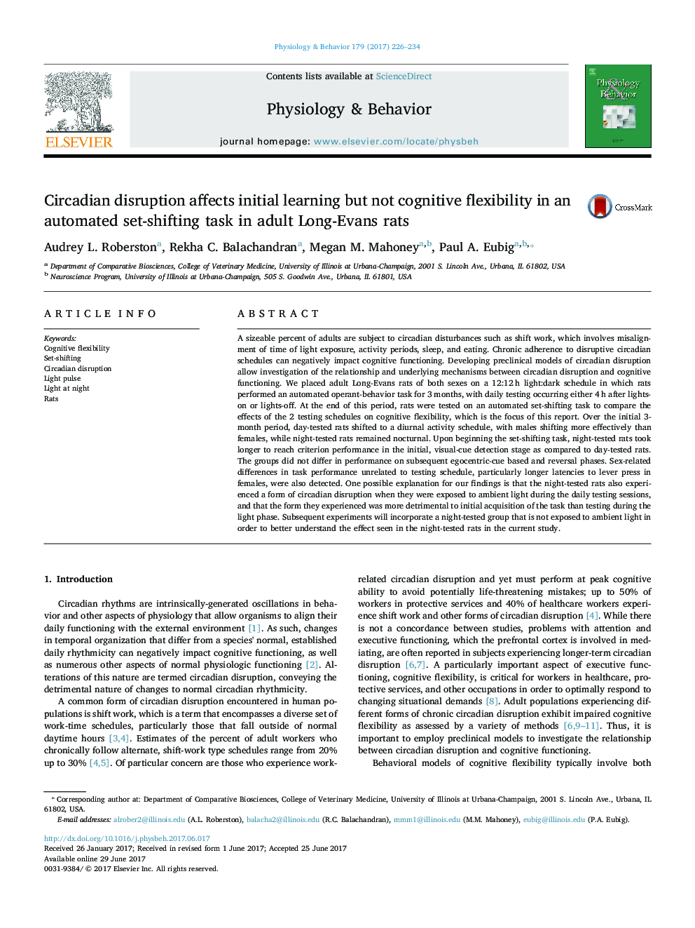 Circadian disruption affects initial learning but not cognitive flexibility in an automated set-shifting task in adult Long-Evans rats