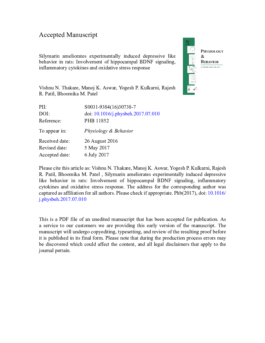 Silymarin ameliorates experimentally induced depressive like behavior in rats: Involvement of hippocampal BDNF signaling, inflammatory cytokines and oxidative stress response