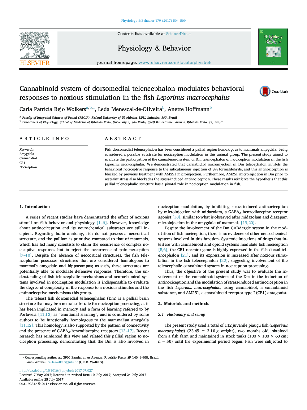 Cannabinoid system of dorsomedial telencephalon modulates behavioral responses to noxious stimulation in the fish Leporinus macrocephalus