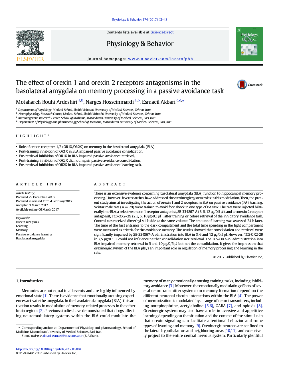 The effect of orexin 1 and orexin 2 receptors antagonisms in the basolateral amygdala on memory processing in a passive avoidance task