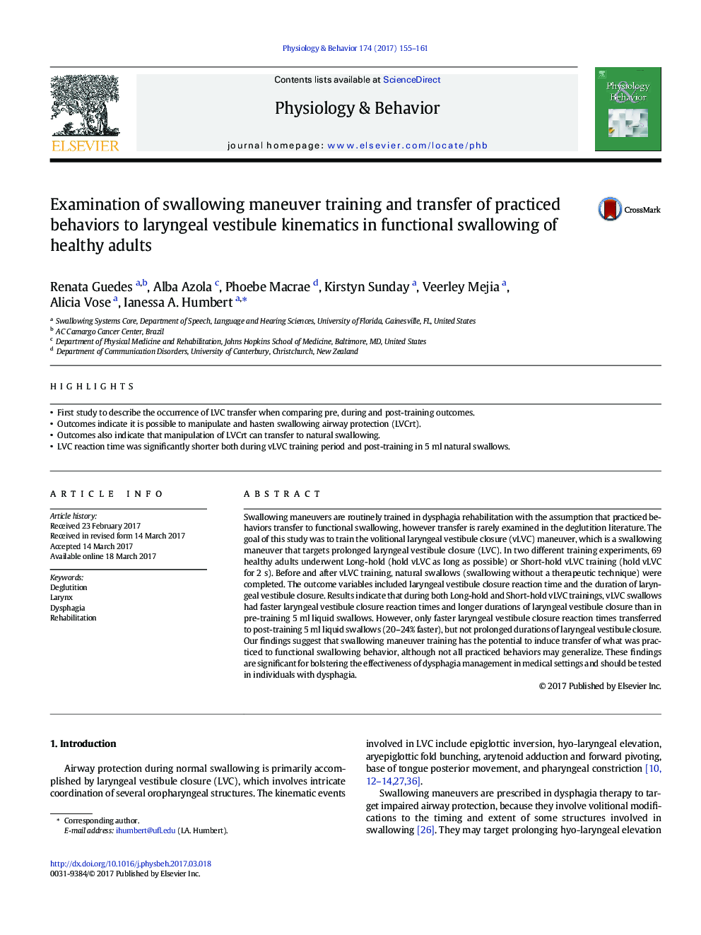 Examination of swallowing maneuver training and transfer of practiced behaviors to laryngeal vestibule kinematics in functional swallowing of healthy adults