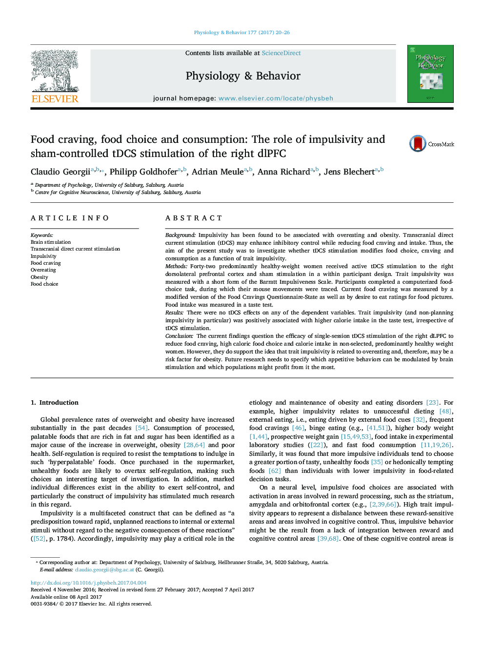 Food craving, food choice and consumption: The role of impulsivity and sham-controlled tDCS stimulation of the right dlPFC