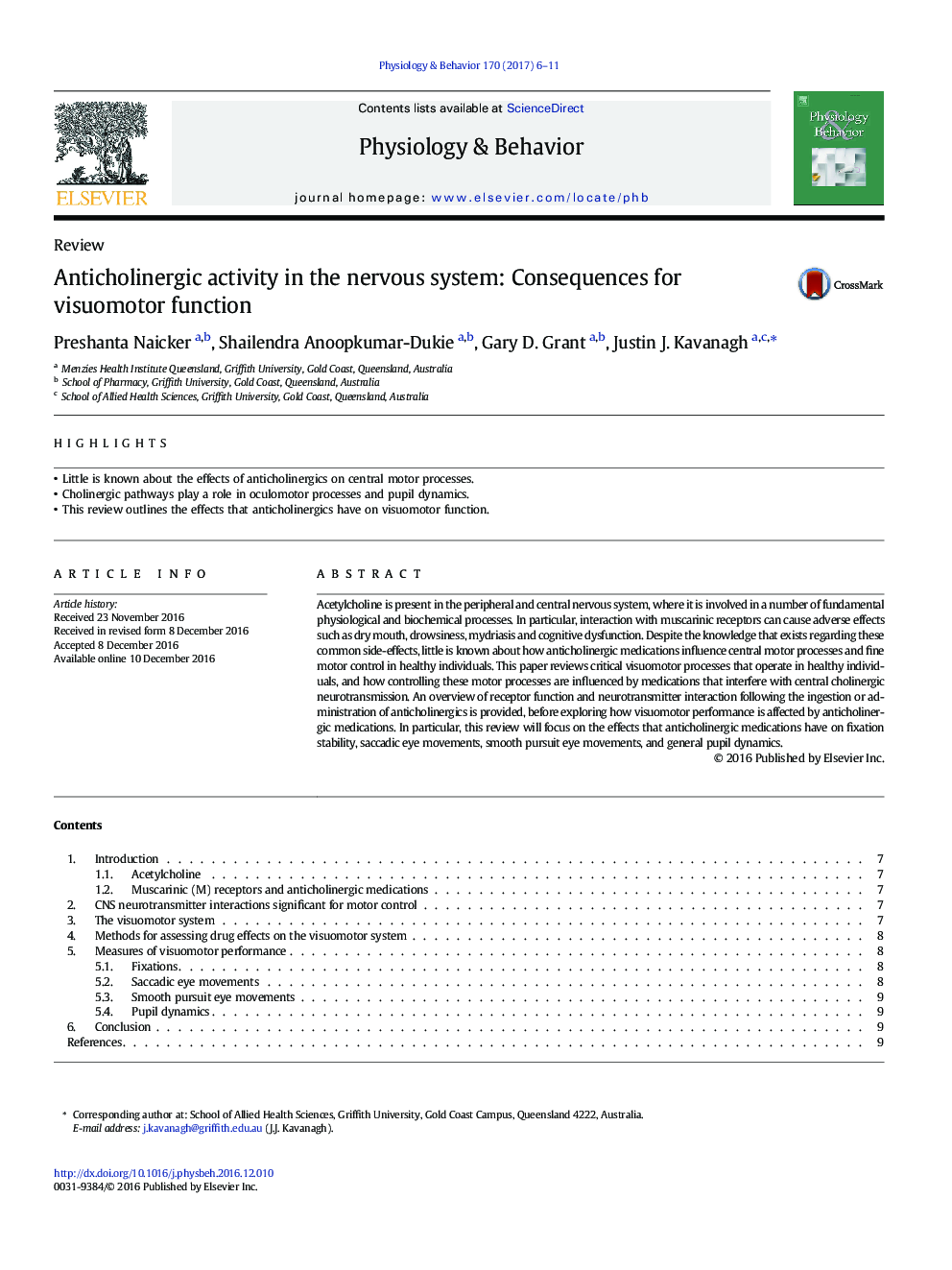 Anticholinergic activity in the nervous system: Consequences for visuomotor function