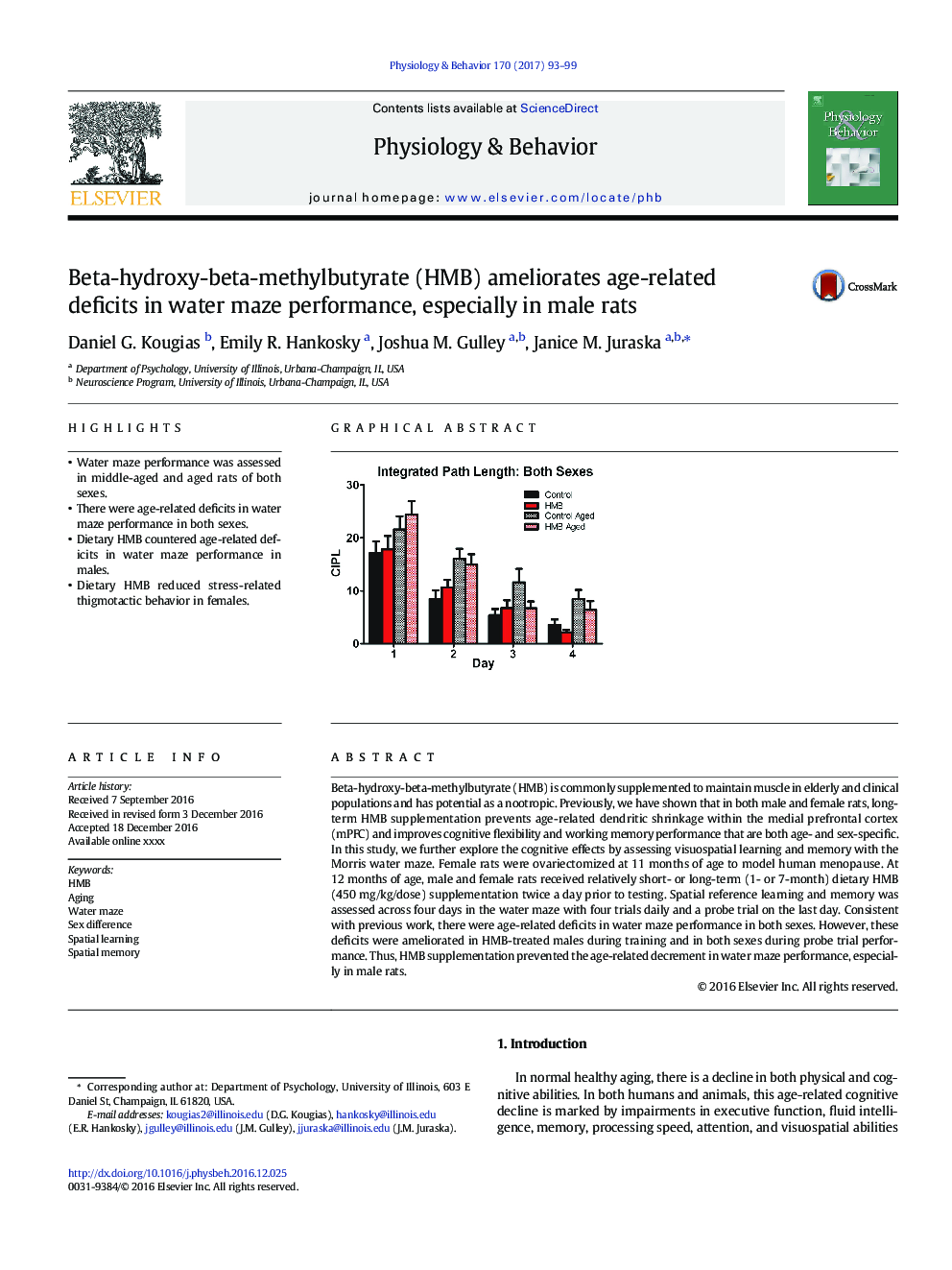 Beta-hydroxy-beta-methylbutyrate (HMB) ameliorates age-related deficits in water maze performance, especially in male rats