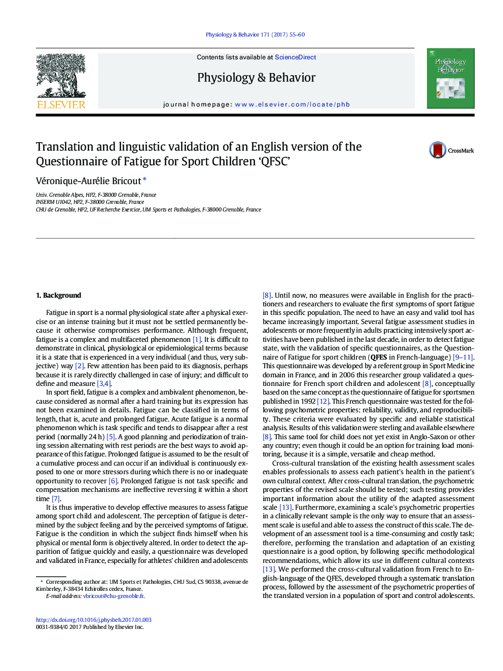 عکس صفحه اول مقاله: Translation and linguistic validation of an English version of the Questionnaire of Fatigue for Sport Children 'QFSC' Translation and linguistic validation of an English version of the Questionnaire of Fatigue for Sport Children 'QFSC'