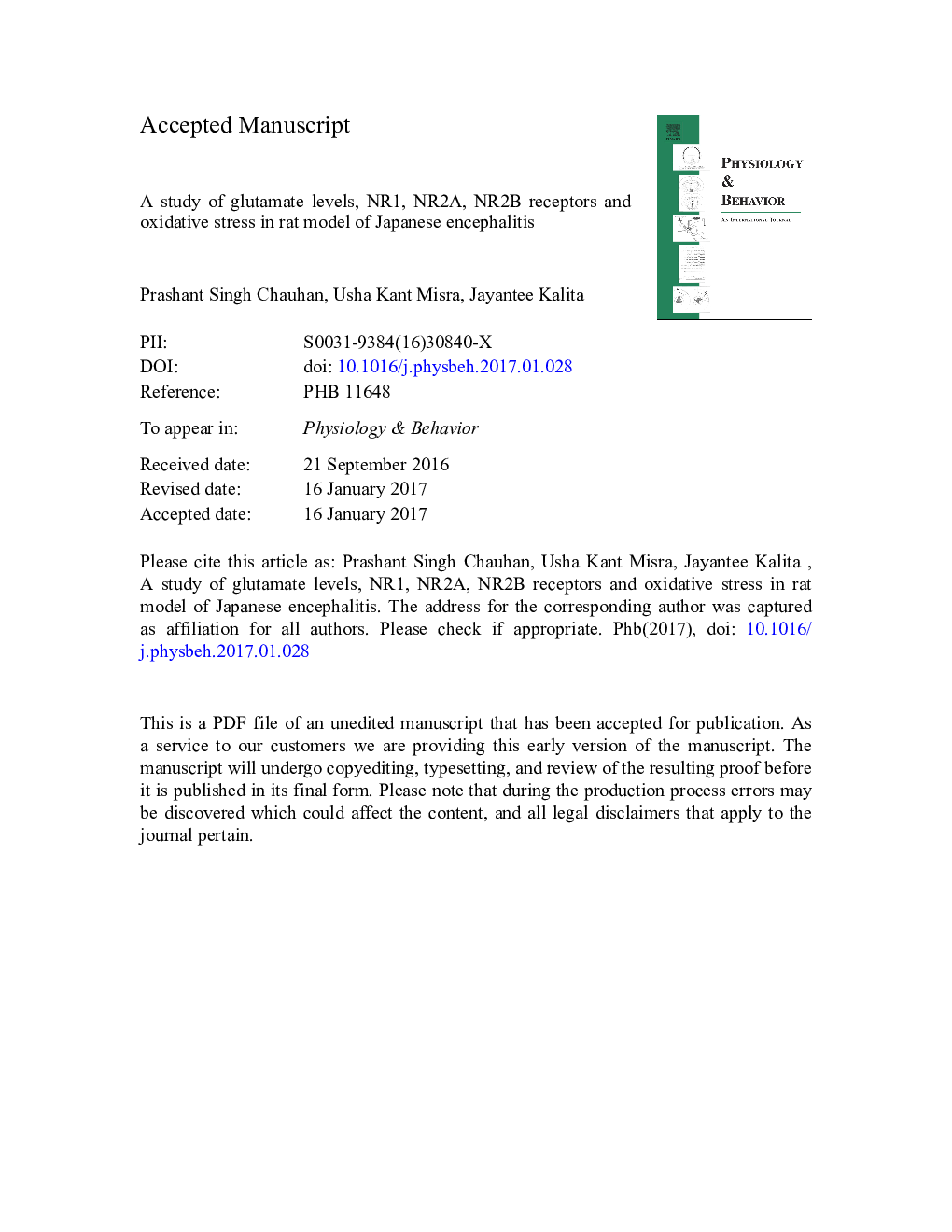 A study of glutamate levels, NR1, NR2A, NR2B receptors and oxidative stress in rat model of Japanese encephalitis