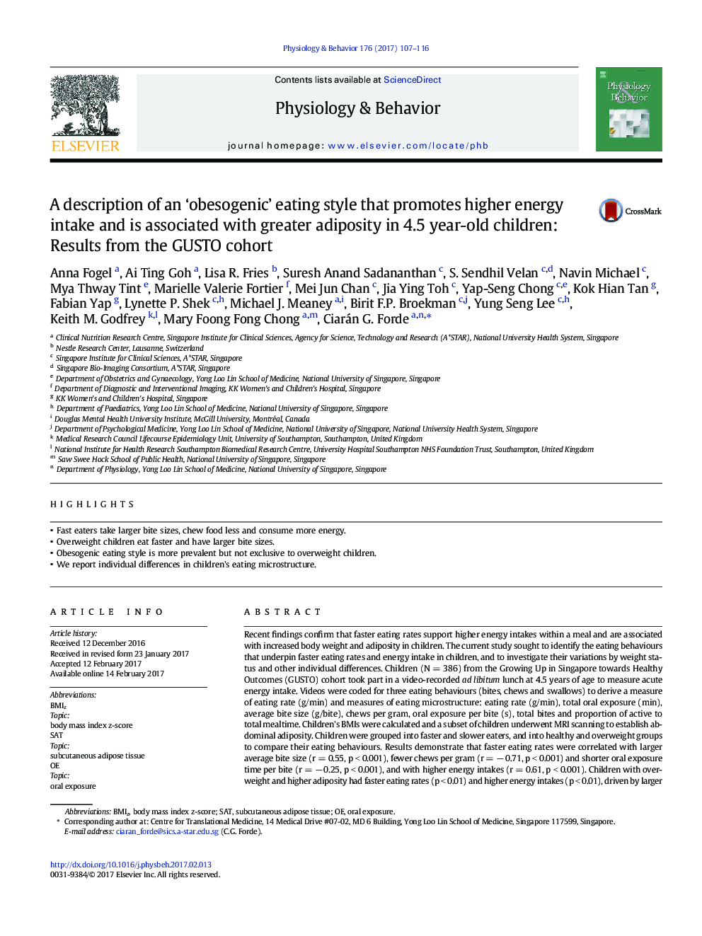 A description of an 'obesogenic' eating style that promotes higher energy intake and is associated with greater adiposity in 4.5 year-old children: Results from the GUSTO cohort