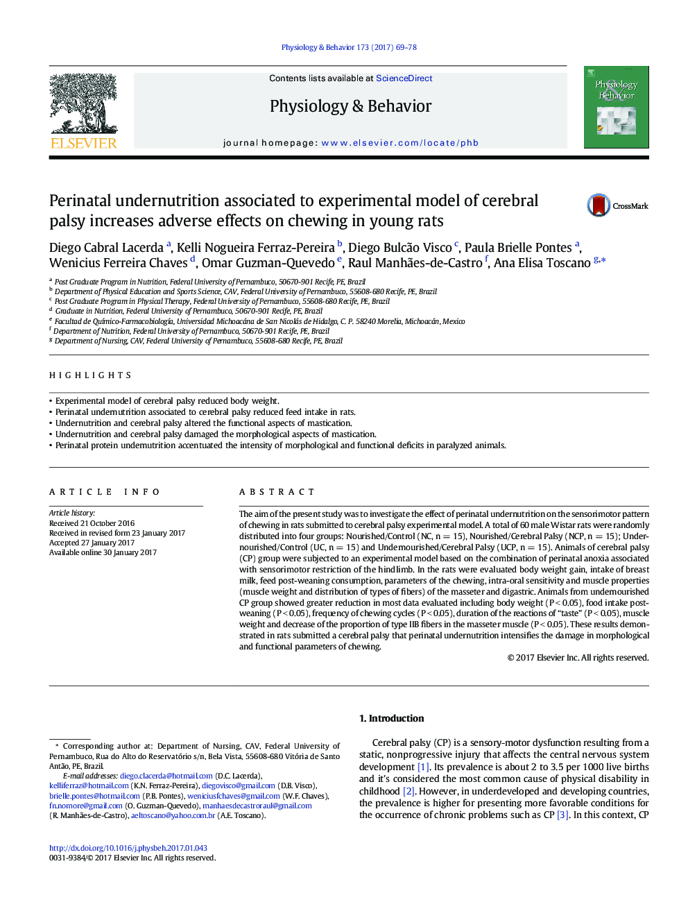 Perinatal undernutrition associated to experimental model of cerebral palsy increases adverse effects on chewing in young rats