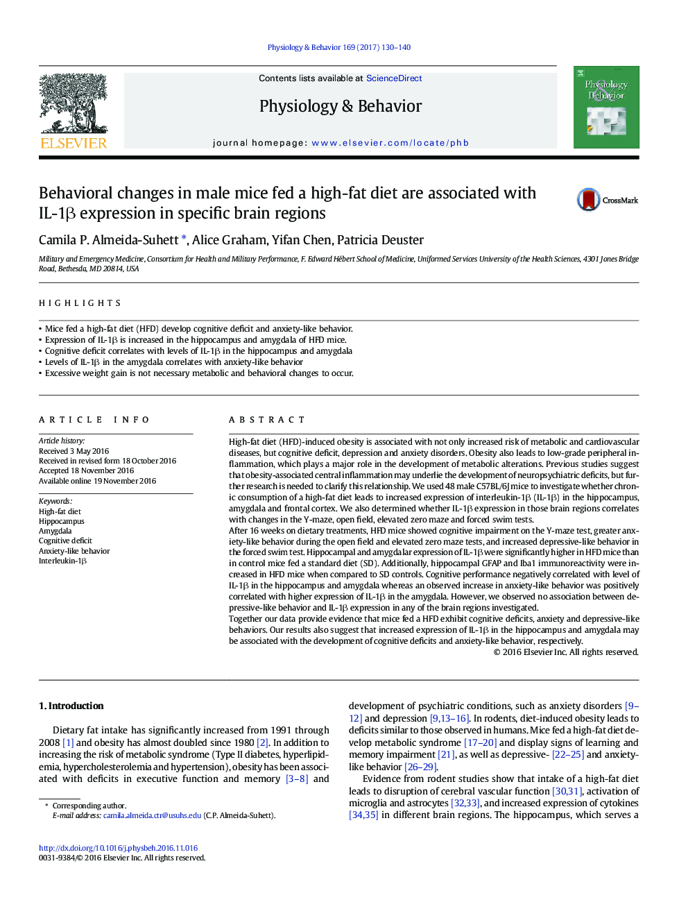 Behavioral changes in male mice fed a high-fat diet are associated with IL-1Î² expression in specific brain regions