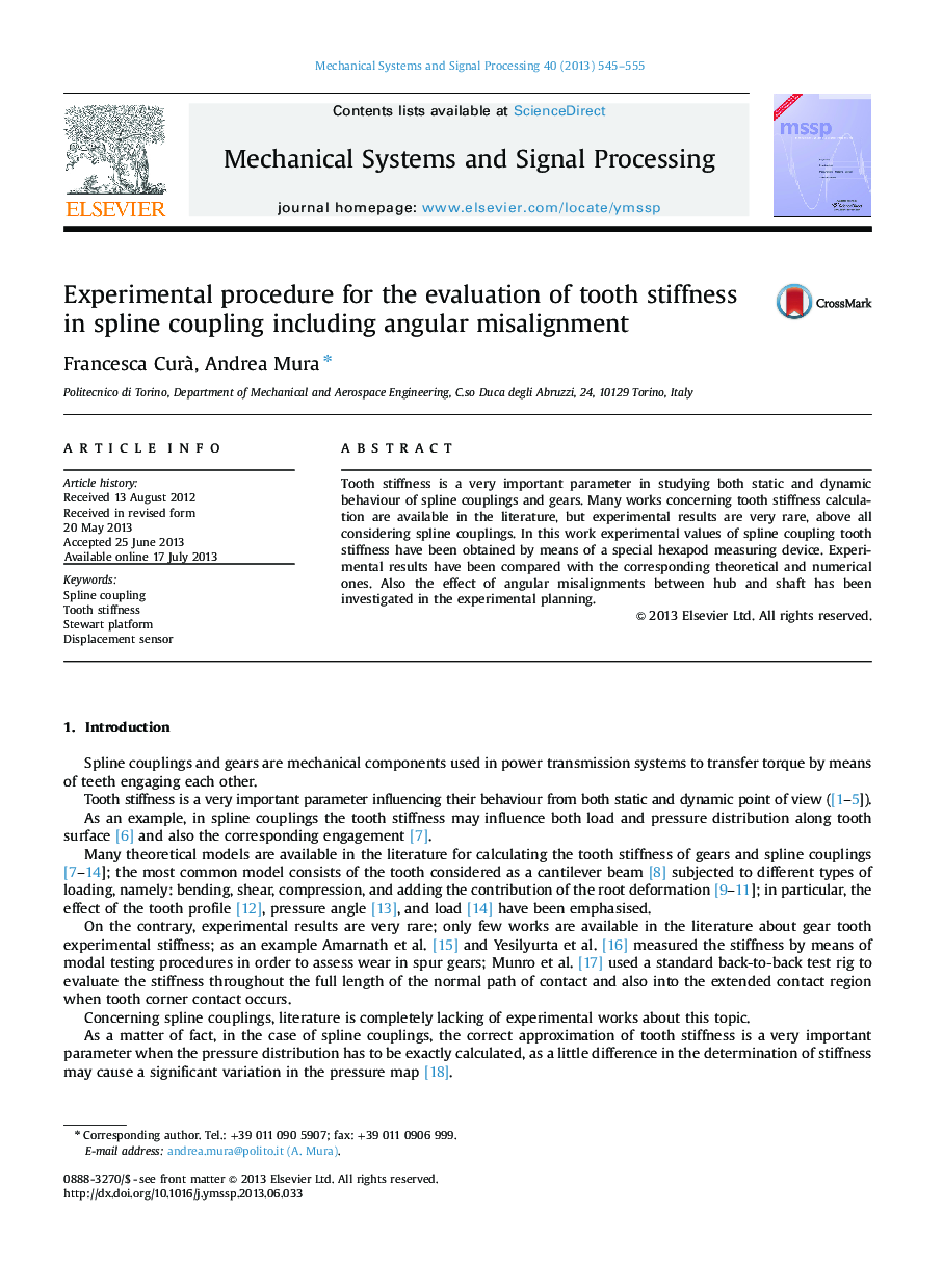 Experimental procedure for the evaluation of tooth stiffness in spline coupling including angular misalignment