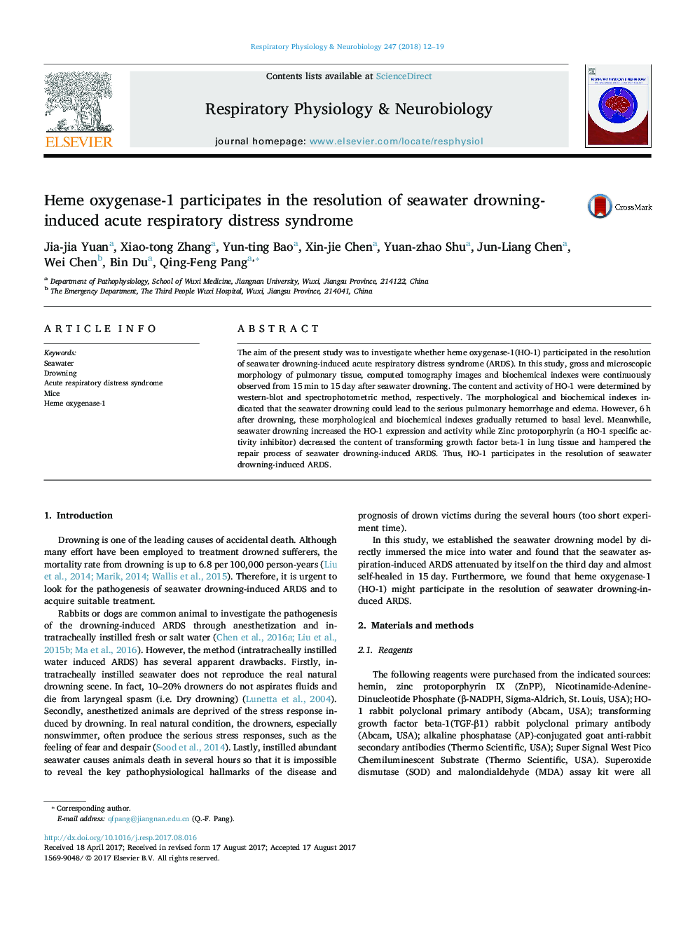 Heme oxygenase-1 participates in the resolution of seawater drowning-induced acute respiratory distress syndrome