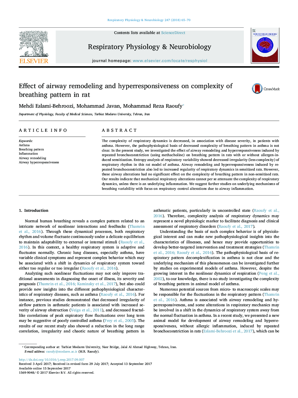 Effect of airway remodeling and hyperresponsiveness on complexity of breathing pattern in rat