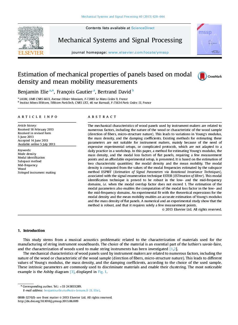 Estimation of mechanical properties of panels based on modal density and mean mobility measurements