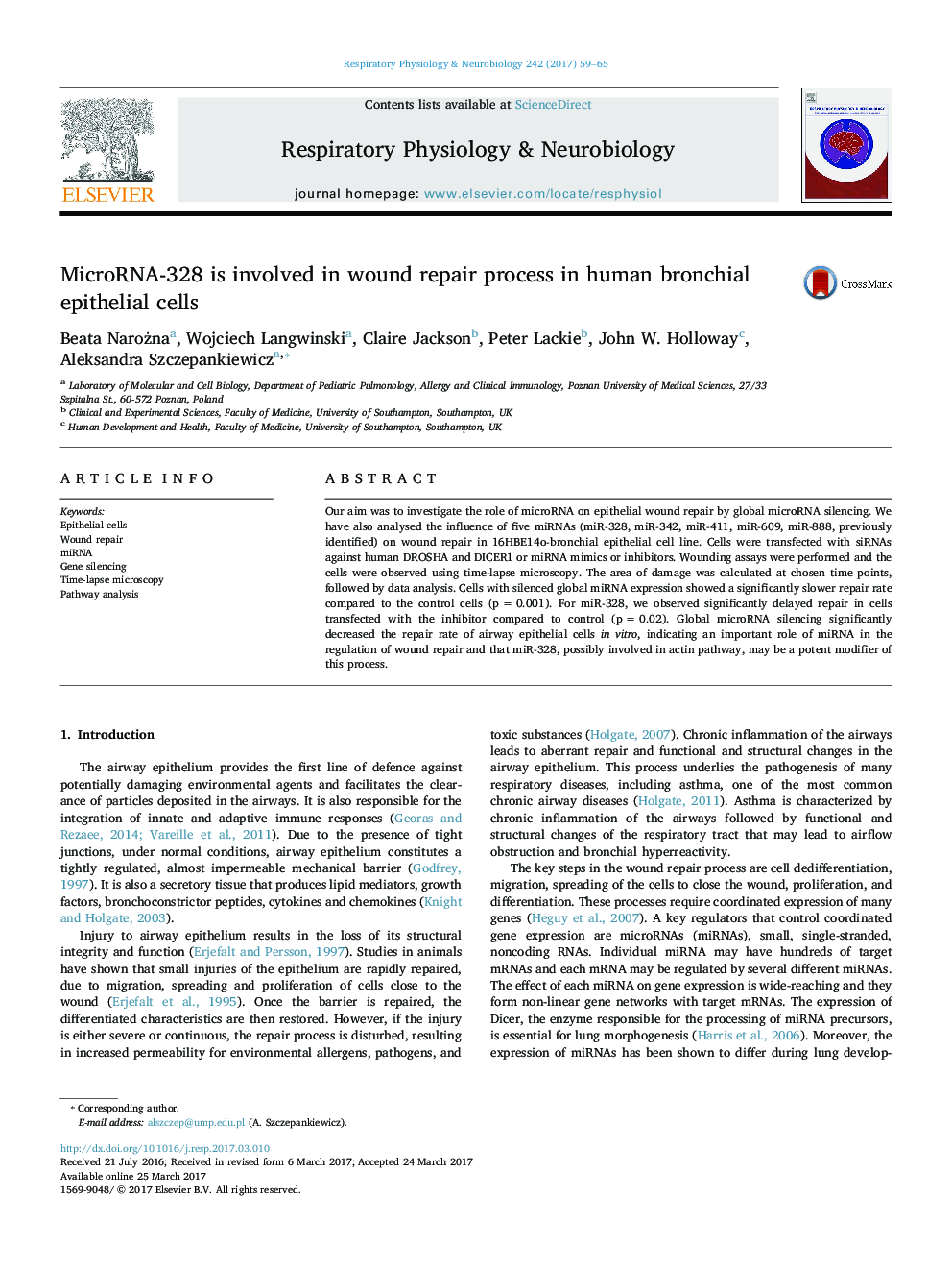 عکس صفحه اول مقاله: MicroRNA-328 is involved in wound repair process in human bronchial epithelial cells MicroRNA-328 is involved in wound repair process in human bronchial epithelial cells