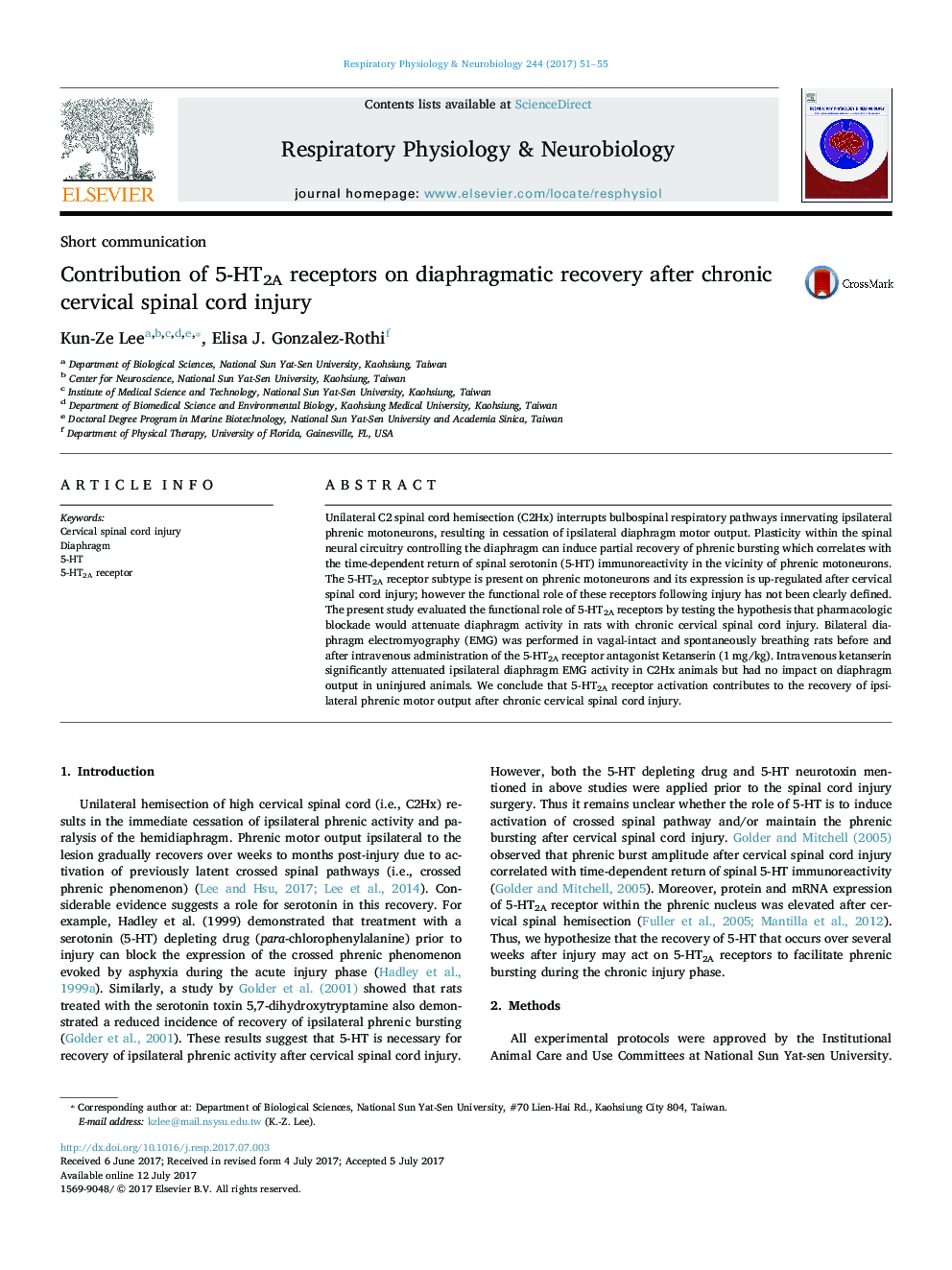 Contribution of 5-HT2A receptors on diaphragmatic recovery after chronic cervical spinal cord injury