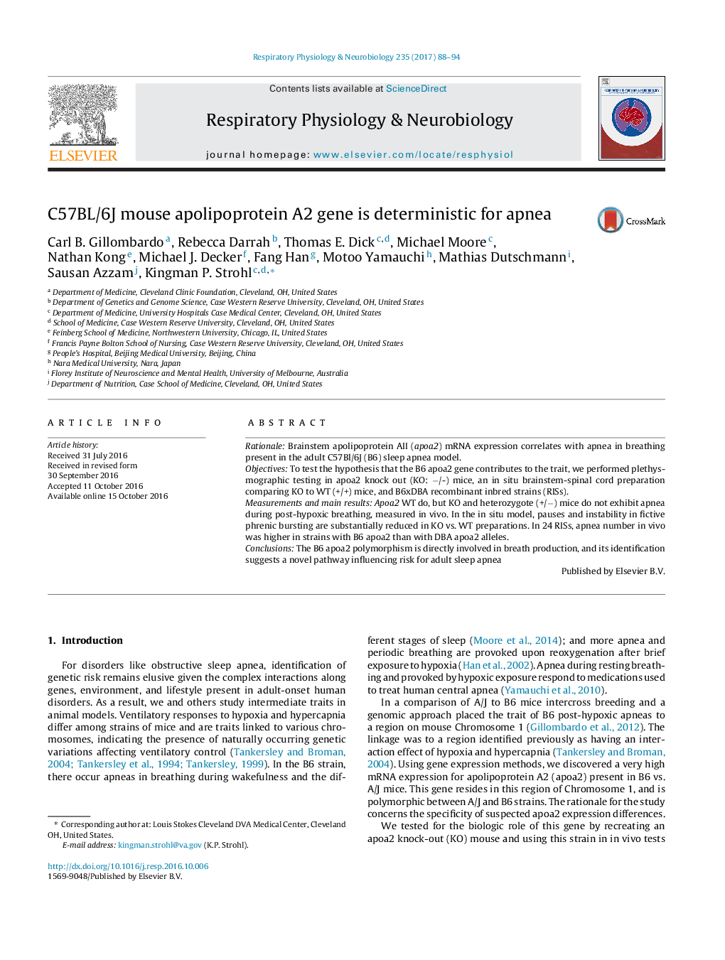 C57BL/6J mouse apolipoprotein A2 gene is deterministic for apnea