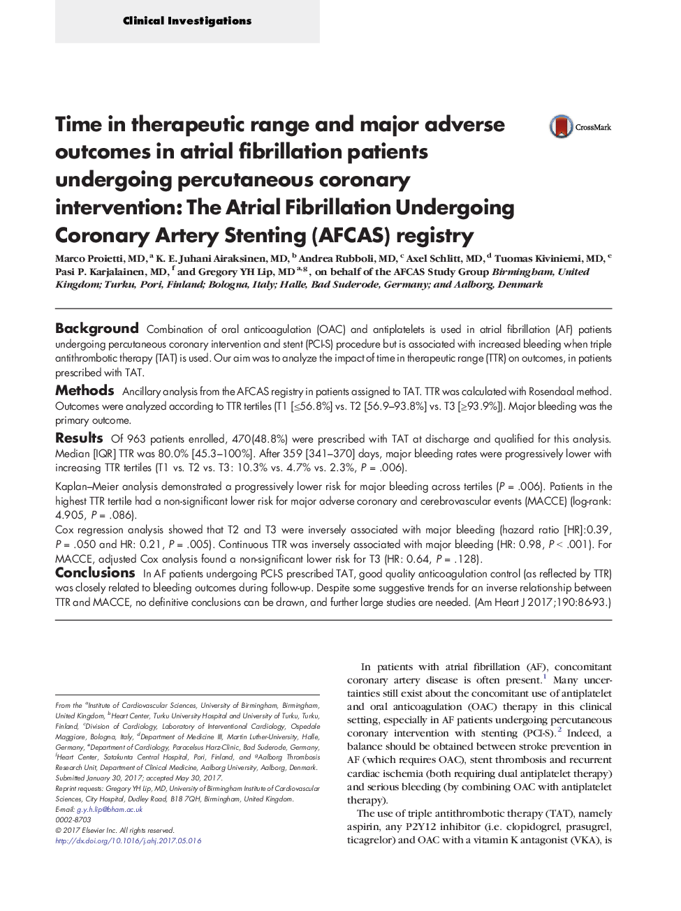 Time in therapeutic range and major adverse outcomes in atrial fibrillation patients undergoing percutaneous coronary intervention: The Atrial Fibrillation Undergoing Coronary Artery Stenting (AFCAS) registry