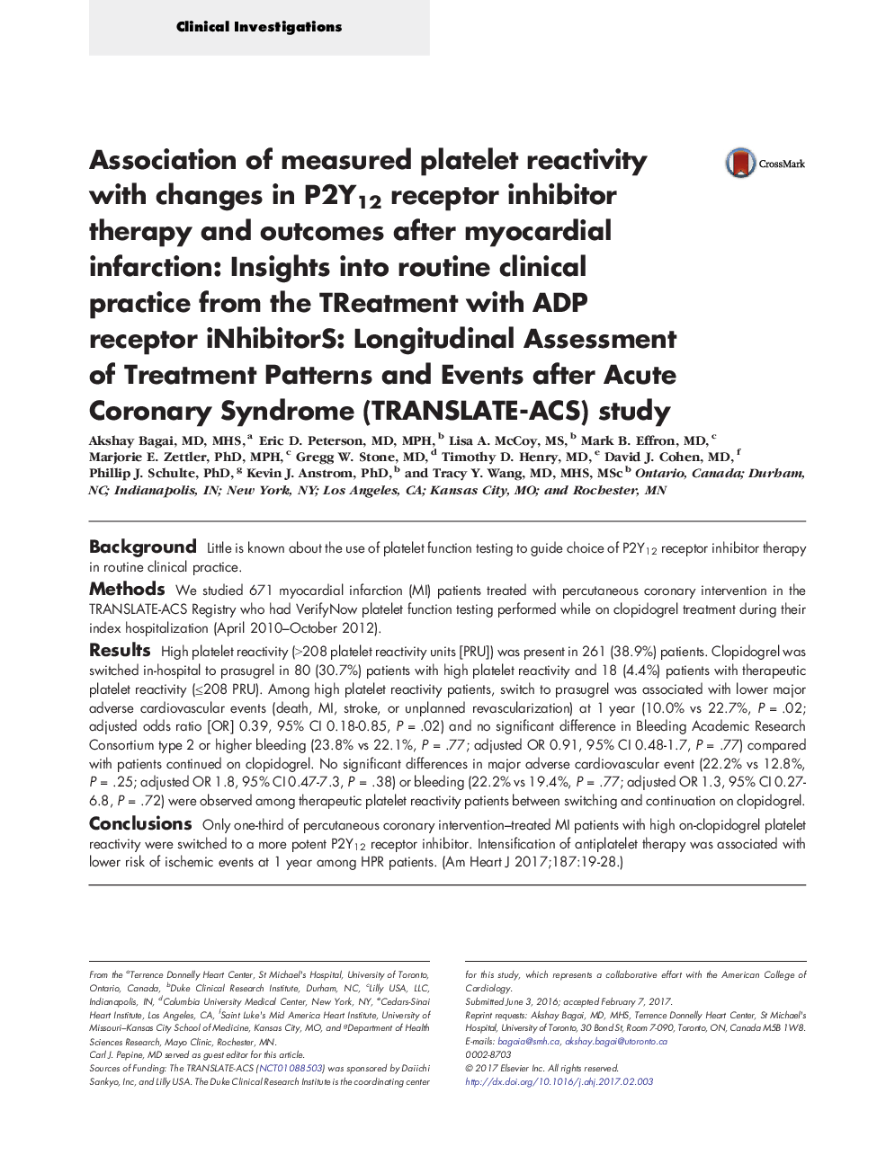 Association of measured platelet reactivity with changes in P2Y12 receptor inhibitor therapy and outcomes after myocardial infarction: Insights into routine clinical practice from the TReatment with ADP receptor iNhibitorS: Longitudinal Assessment of Trea