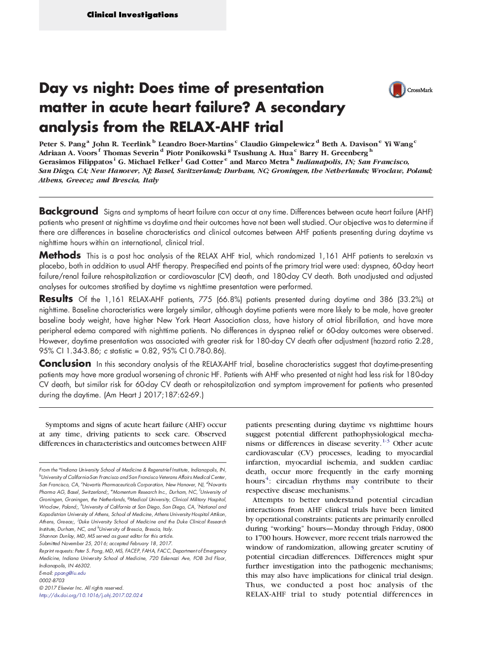 Day vs night: Does time of presentation matter in acute heart failure? A secondary analysis from the RELAX-AHF trial
