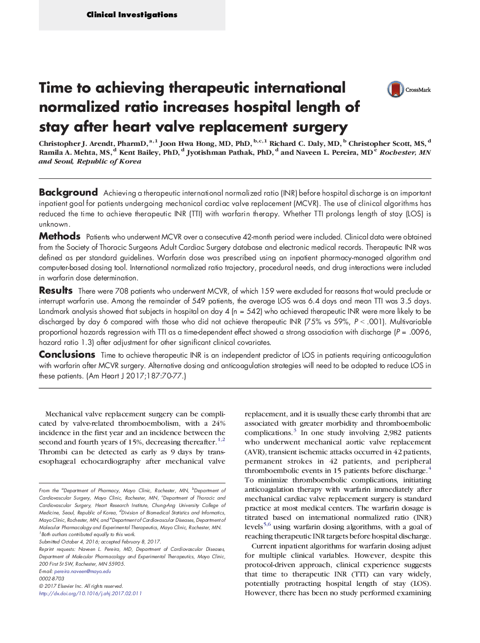 Time to achieving therapeutic international normalized ratio increases hospital length of stay after heart valve replacement surgery