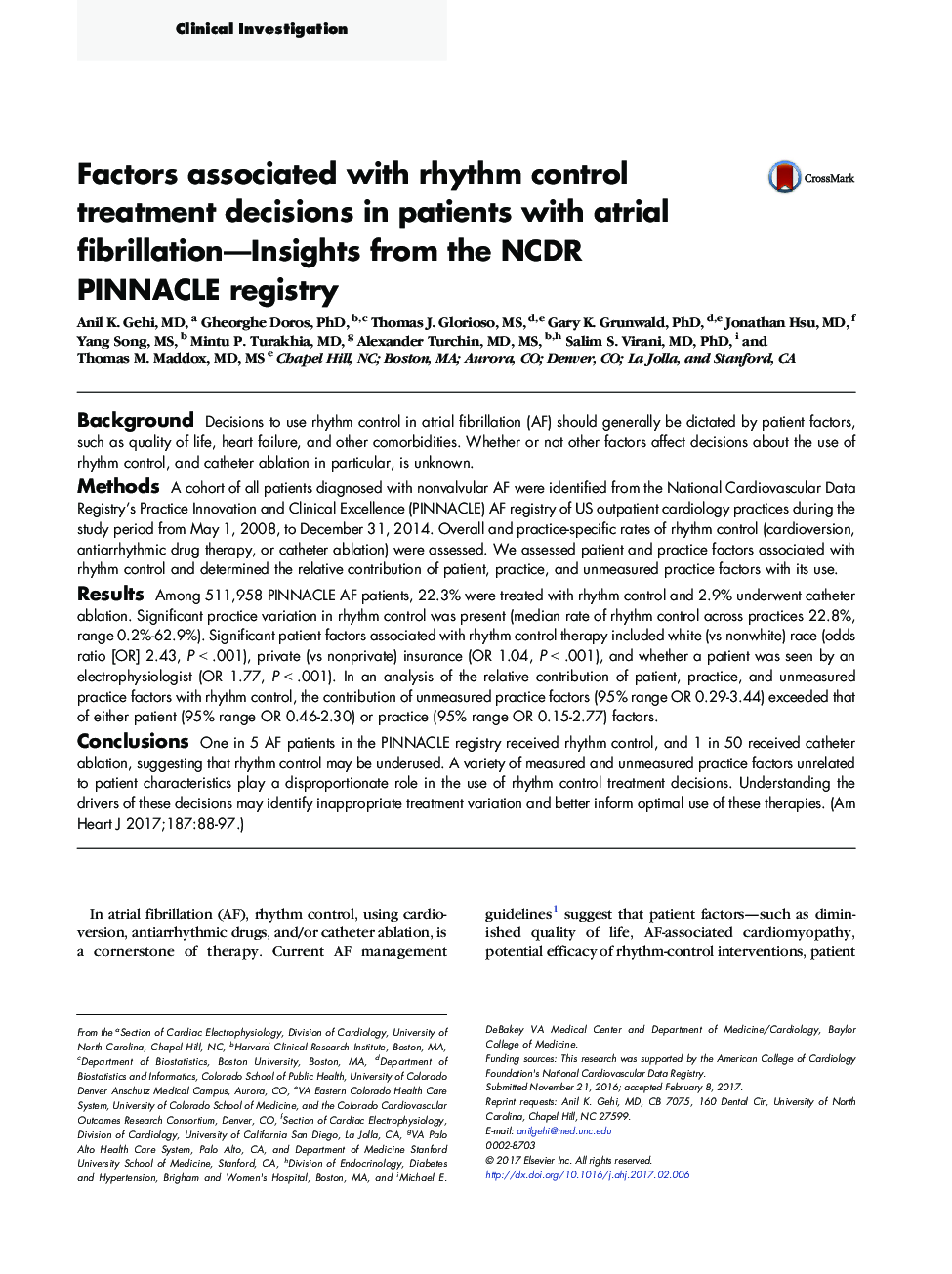 Clinical InvestigationFactors associated with rhythm control treatment decisions in patients with atrial fibrillation-Insights from the NCDR PINNACLE registry