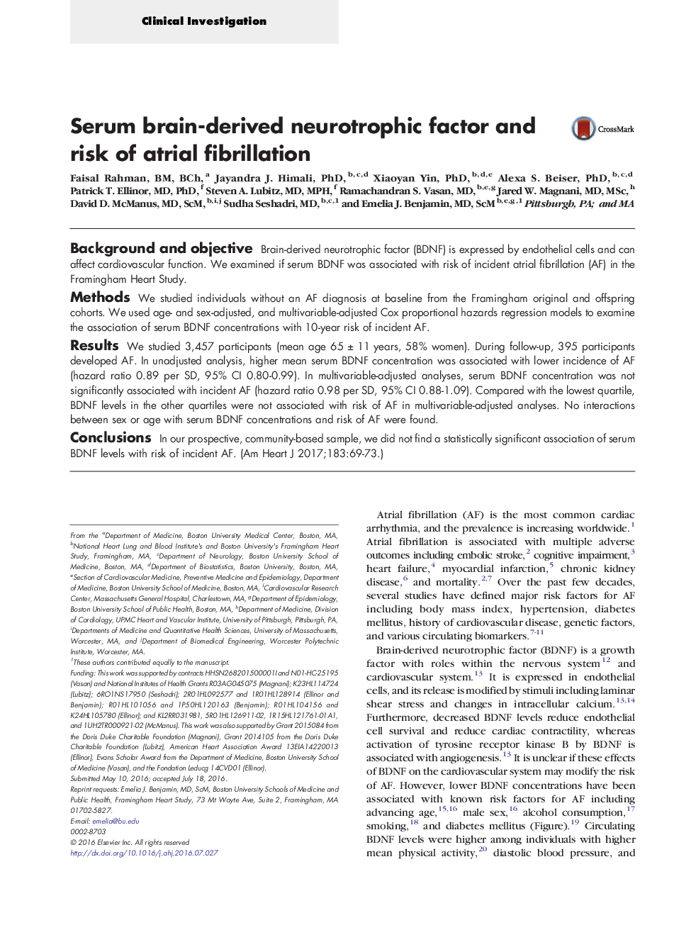 Serum brain-derived neurotrophic factor and risk of atrial fibrillation